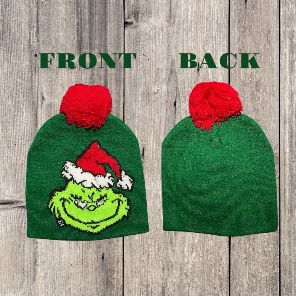 Green Grinch Kids Beanie with Red Pom